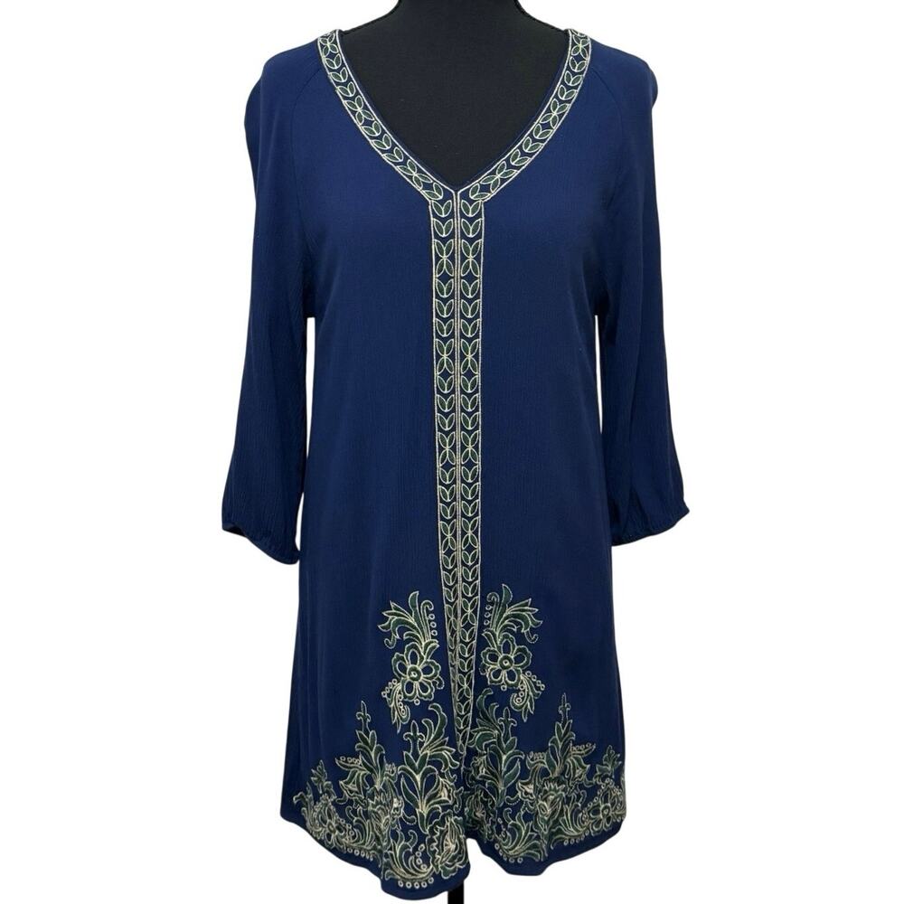 Miami Navy Blue Embroidered Tunic Dress Small Boho 3/4 Sleeve Rayon